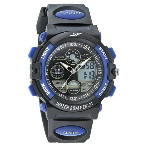 SF Quartz Analog Digital Black Dial PU Strap Watch for Men-Dark Blue Color 77116PP04