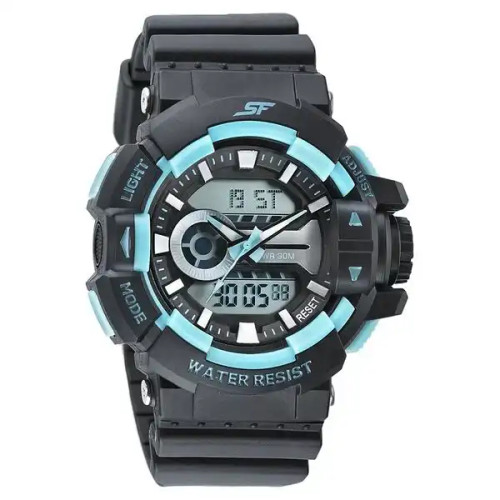 SF Quartz Analog Digital Black Dial PU Strap Watch for Men- Light Blue Color 77118PP05