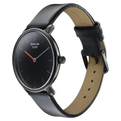Sonata Sleek Quartz Analog Black Dial Black Leather Strap Watch for Women 8191NL01