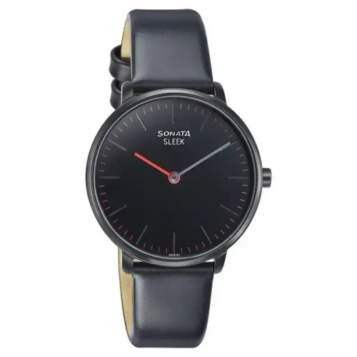 Sonata Sleek Quartz Analog Black Dial Black Leather Strap Watch for Women 8191NL01