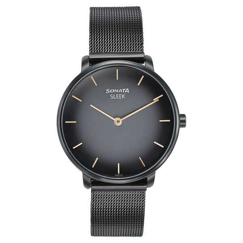 Sonata Sleek Quartz Analog Black Dial Black Stainless Steel Strap Watch for Women 8191NM01