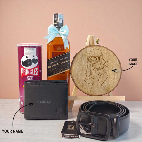 Personalized Men’s Hamper with Leather Accessories, Whiskey & Photo Frame NKS-988