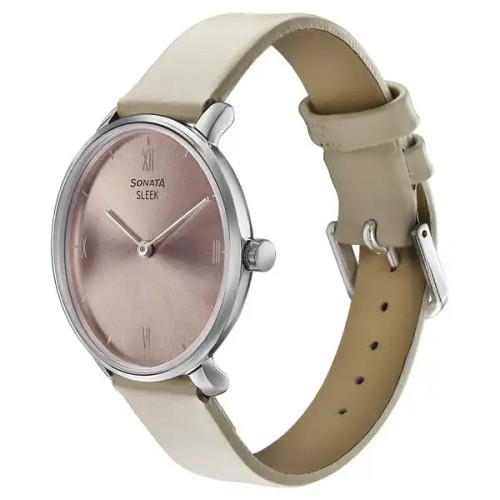 Sonata Sleek Quartz Analog Pink Dial Beige Leather Strap Watch for Women 8191SL01