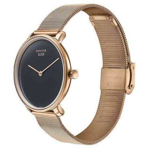 Sonata Sleek Quartz Analog Black Dial Rose Gold Stainless Steel Strap Watch for Women 8191WM01