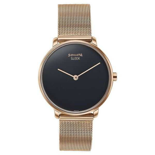 Sonata Sleek Quartz Analog Black Dial Rose Gold Stainless Steel Strap Watch for Women 8191WM01