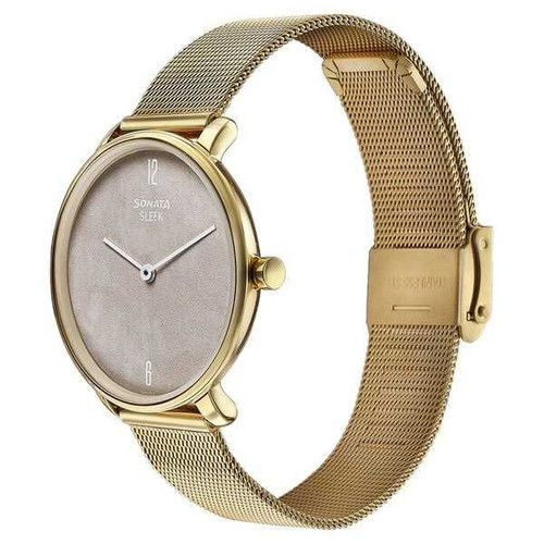 Sonata Sleek Gold-Toned Mesh Bracelet Watch For Women 8191YM01