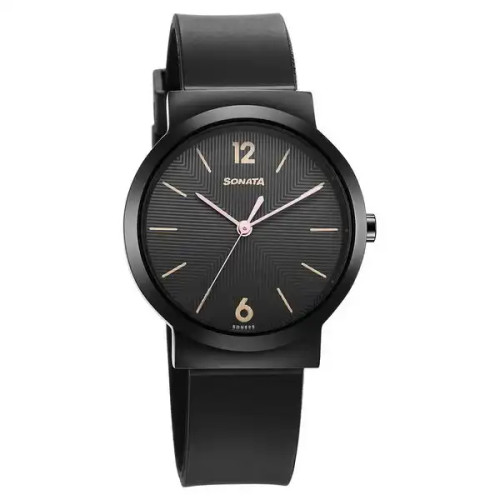 Sonata Essentials Black Dial Polyurethane Strap Watch for Women 87044NP01