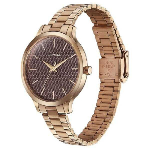 Sonata Wedding Bling Quartz Analog Brown Dial Rose Gold Strap Watch for Women 87050WM12