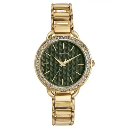 Sonata Wedding Bling Quartz Analog Green Dial Watch for Women 87052WM03
