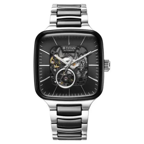 Titan Ceramic Fusion Automatic Square Black Dial Silver Dual-Toned Stainless Steel Watch for Men 90175KD01 Titan Ceramic Fusion Automatic Square Black Dial Silver Dual-Toned Stainless Steel Watch for Men 90175KD01