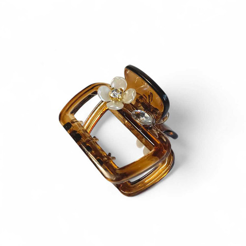 Brown Claw Hair Clip with White Flower and Stone Design HC-258