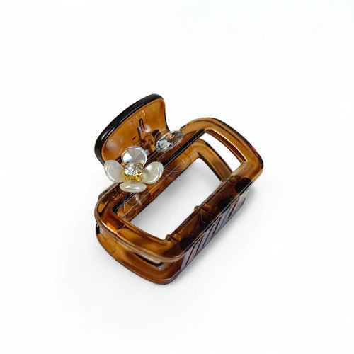 Brown Claw Hair Clip with White Flower and Stone Design HC-258