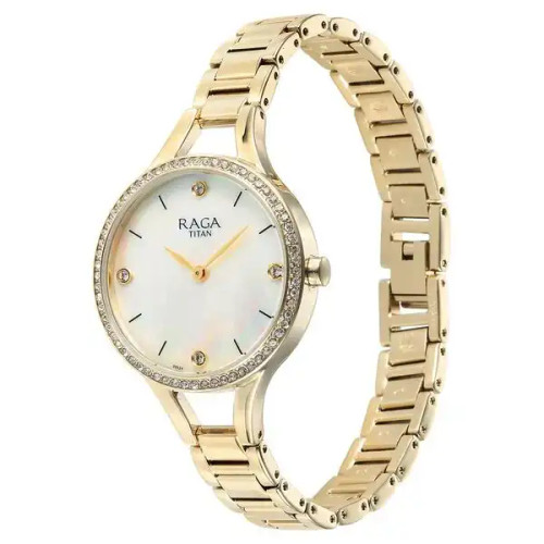Titan Raga Showstopper Quartz Analog Mother Of Pearl Round Dial Golden Metal Strap Watch For Women 95275YM01