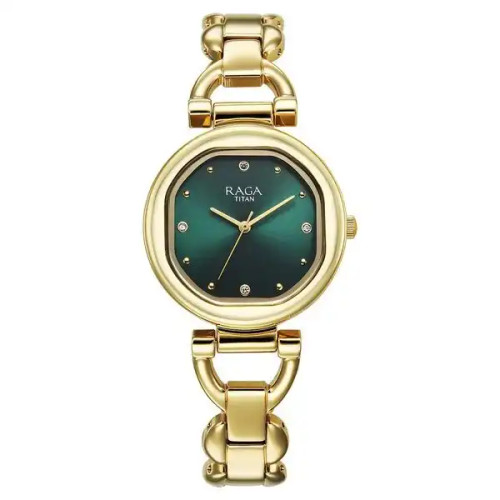Titan Raga Showstopper Quartz Analog Green Dial Metal Strap Watch For Women 95301YM01