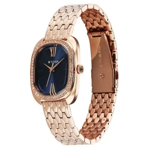 Titan Glamour Quartz Analog Blue Dial Rose Gold Strap Watch For Women 95317WM01