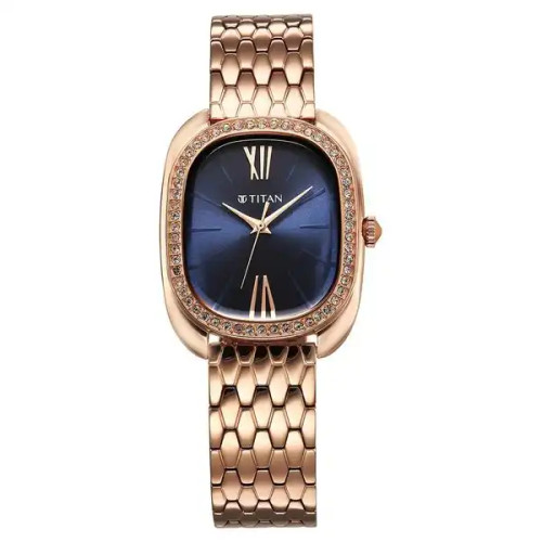 Titan Glamour Quartz Analog Blue Dial Rose Gold Strap Watch For Women 95317WM01