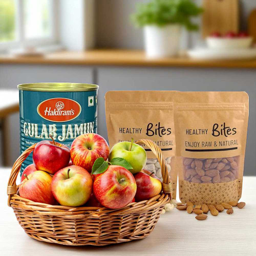 Apple Basket with Gulab Jamun & Dry Nuts Gift Combo JNK-4017
