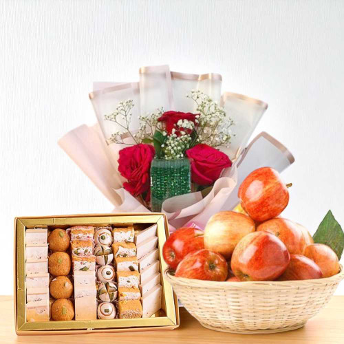 Shrawan Celebration Gift with Apple Basket, Chura, Roses & Mithai Box JNK-4018
