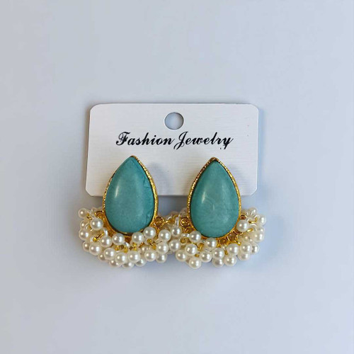 Gold-Plated Mint Green Stone Earrings with Pearl Dro JR-265