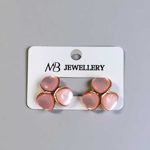 Flower Design Ear Stud with Pink Heart-Shaped Stone JR-275