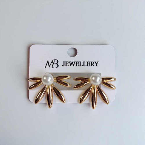 Golden Half Flower Design Ear Studs with Pearl Accent JR-277