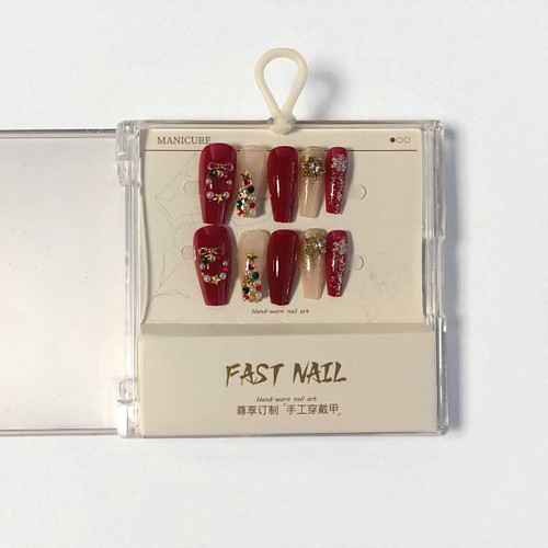 24 Pcs Maroon & Pink Press-On Nails with Sparkling Stone Detail AN-18