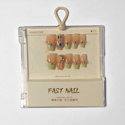24 Pcs Green & Pink Press-On Nails with Sparkling Stone Detail AN-19