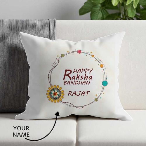 Personalized White Rakshya Bandhan Cushion with Name Print