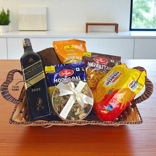 Double Black Whisky 750ml Gift Basket with Snacks & Face Towel JNK-4087
