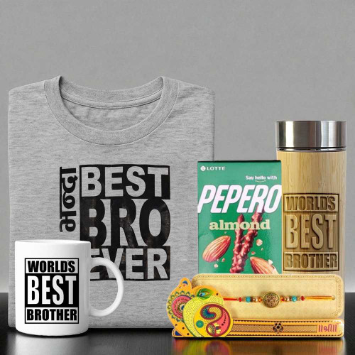 Raksha Bandhan Gift Hamper for Brother With T-Shirt, Snacks & Rakhi SK-495