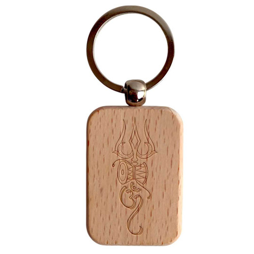 Trishul Damaru Om Engraved Wooden Keyring RJ-147