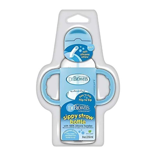 Dr. Brown's 8oz/250ml PP N Sippy Straw Bottles w/ Silicone Handles, Blue, Single SB81102