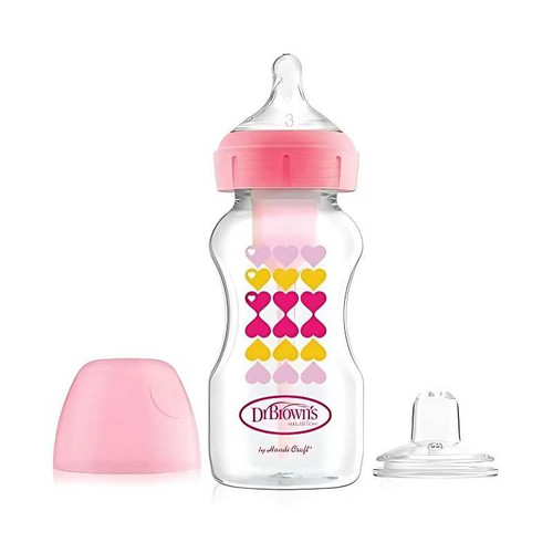 Dr. Brown's 9 oz/270ml Options+ Wide-Neck Pink Deco Bottle w/ Sippy Spout (+L3 Nipple in Bottle), Single WB91604-P3