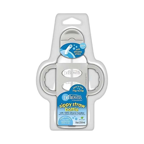 Dr.Brown's 8 oz/250 mLNarrow Sippy Straw Bottles w/ Silicone Handles Gray 1-Pack SB81104