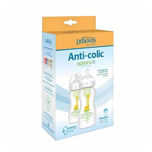 Dr.Brown's 9oz/270 mL PP Wide-Neck Anti-Colic Options+ Baby Bottle, w/L2 Nipple, Giraffe, 2-pack WB92017-ESX