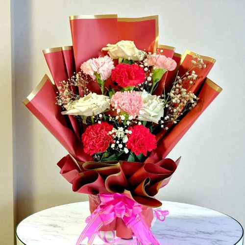 Carnations & White Rose Bouquet- 9 Pcs