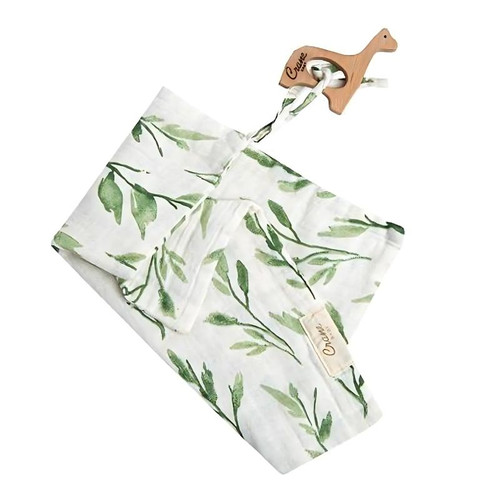Crane Baby Giraffe Wooden Theether & Muslin Leaf Print Security Blanket
