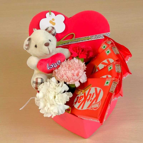 Carnations & KitKat Gift Basket with Mini Teddy NKS-1142