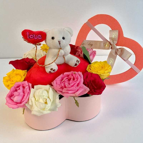 Mixed Roses Gift Box with Teddy on Heart Pillow NKS-1143