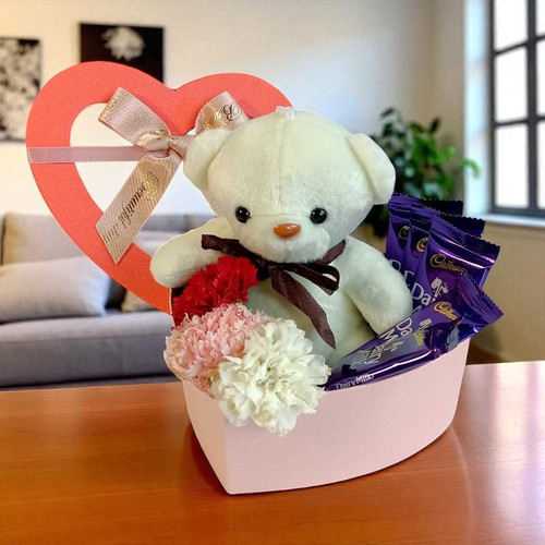 Carnations, Teddy & Dairy Milk Gift Box NKS-1145