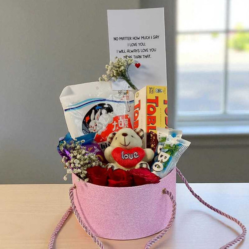 Chocolates with Teddy Keyring & Roses Gift Box JNK-4207