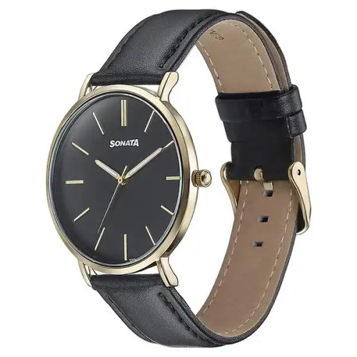 Sonata Quartz Analog Black Dial Black Leather Strap Watch For Men 77143YL02