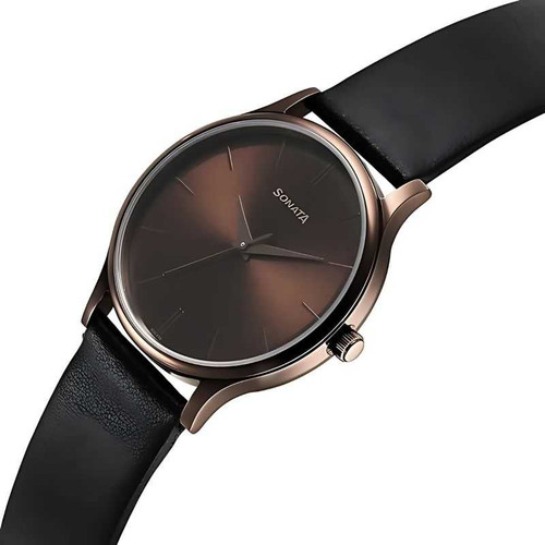 Sonata Aspire Quartz Analog Brown Dial Leather Strap Watch for Men 77105QL05