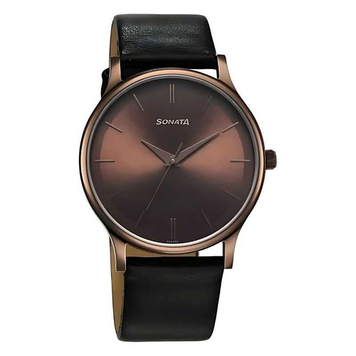 Sonata Aspire Quartz Analog Brown Dial Leather Strap Watch for Men 77105QL05