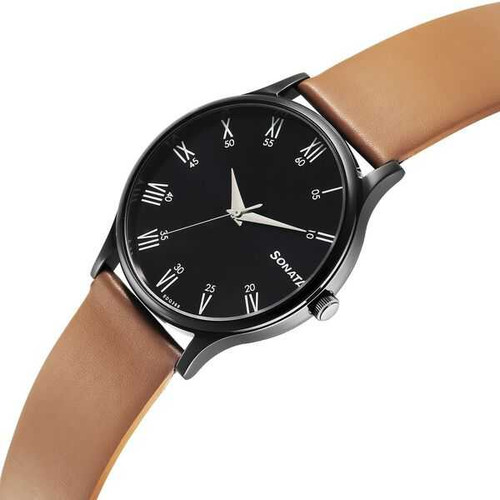 Sonata Aspire Quartz Analog Black Dial Leather Strap Watch for Men-77105NL13 77105NL13