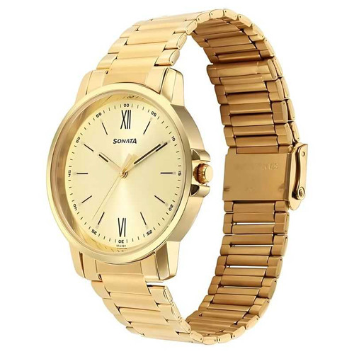 Sonata Traditional Essentials Quartz Analog Champagne Dial Stainless Steel Strap Watch for Men 77083YM05