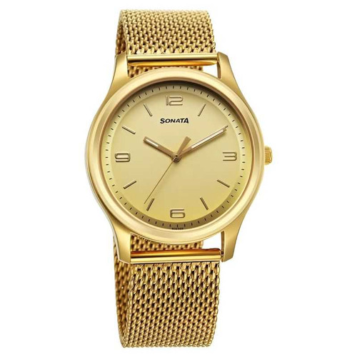 Sonata Traditional Essentials Quartz Analog Champagne Dial Watch for Men 77082YM13