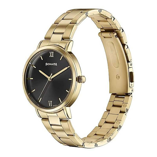 Sonata Quartz Analog Black Dial Golden Stainless Steel Strap Watch For Women 87071YM01