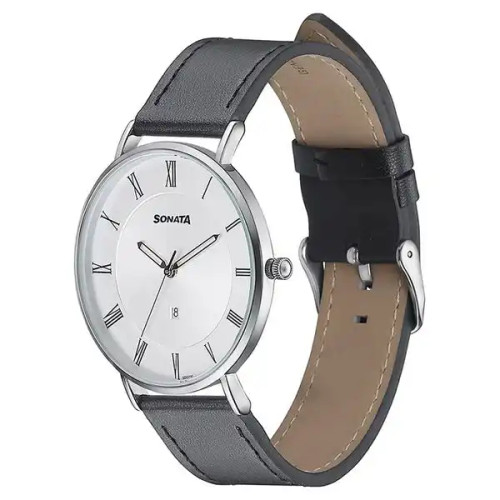 Sonata Quartz Analog with Date Silver Dial Black Leather Strap Watch For Men 77142SL01