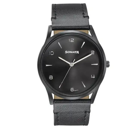 Sonata Quartz Analog Black Dial Black Leather Strap Watch For Men-77140NL01 77140NL01